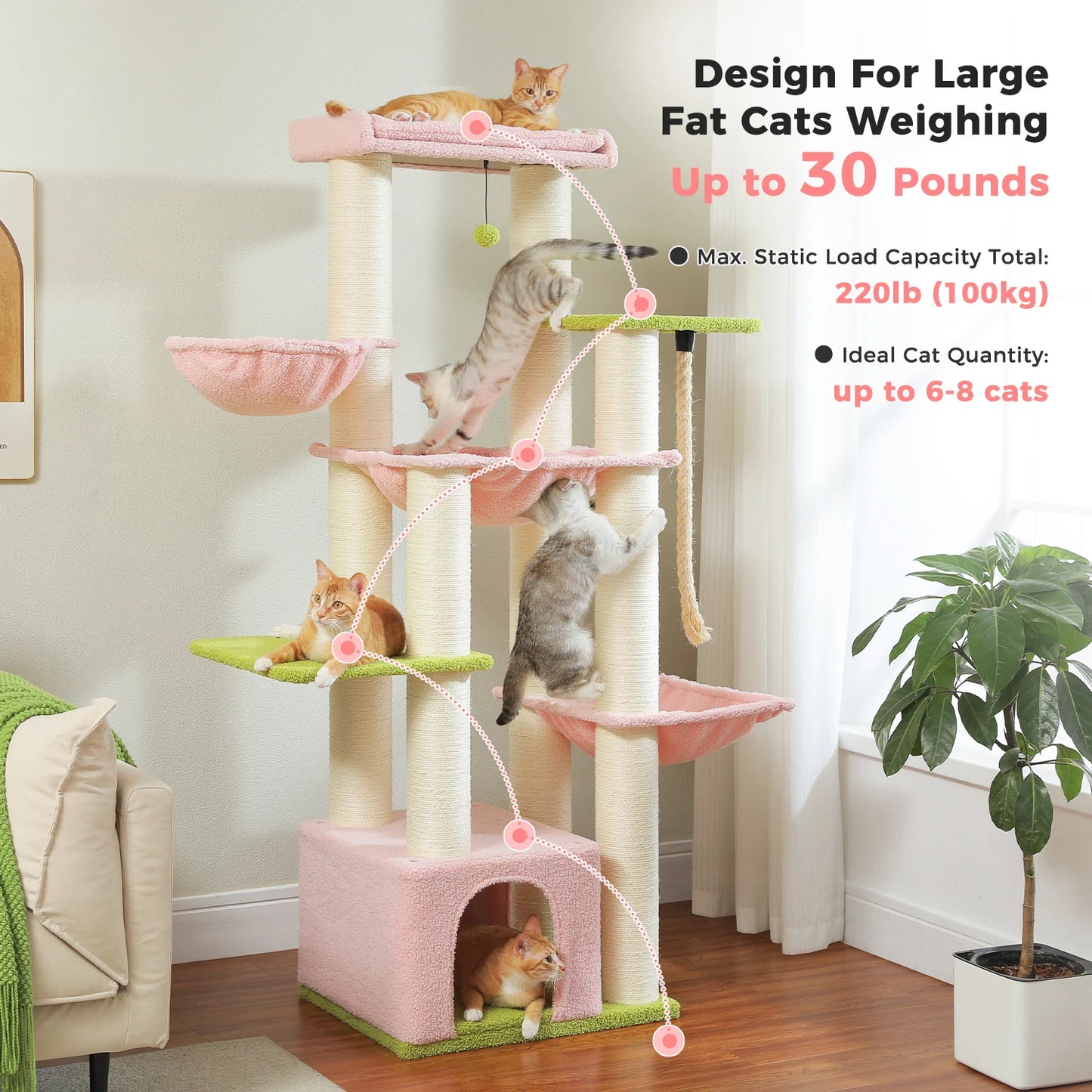 Multi-Level Cat Tree.         Cozy Condo, Super Large Perch, Deep Hammocks,