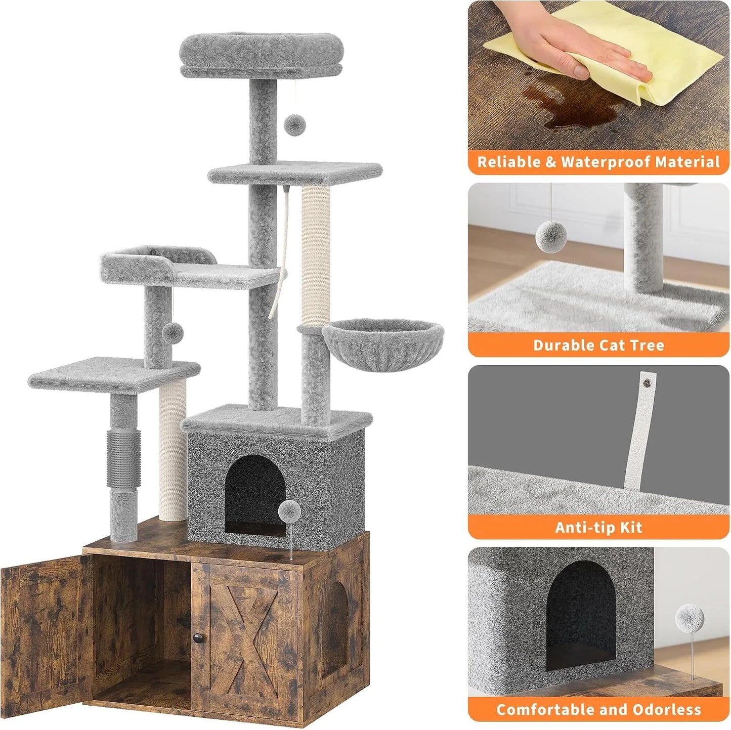 3-in-1 Modern Cat Tree with Hidden Litter Box Enclosure.