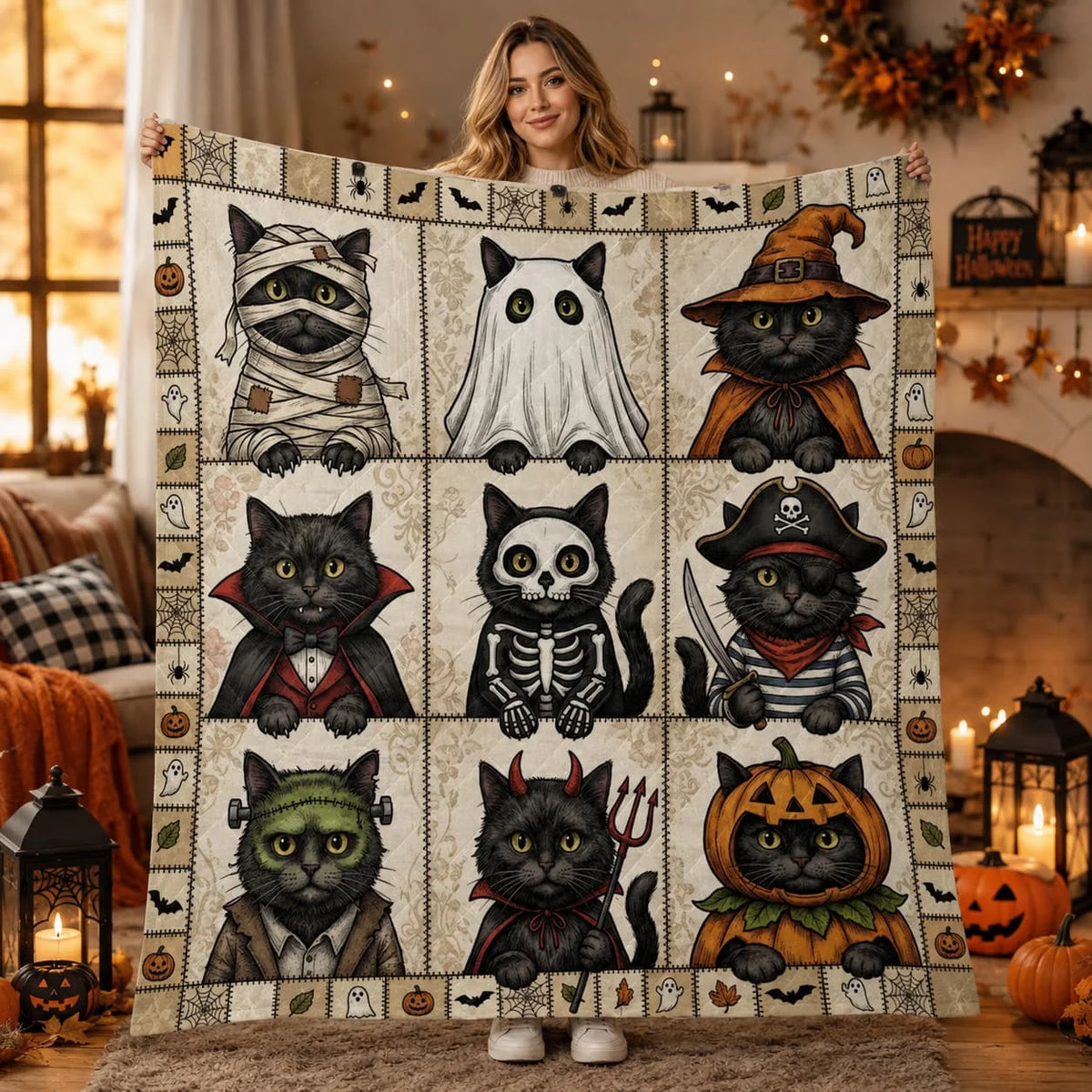 Black Cat Halloween Costume Quilt Blanket.