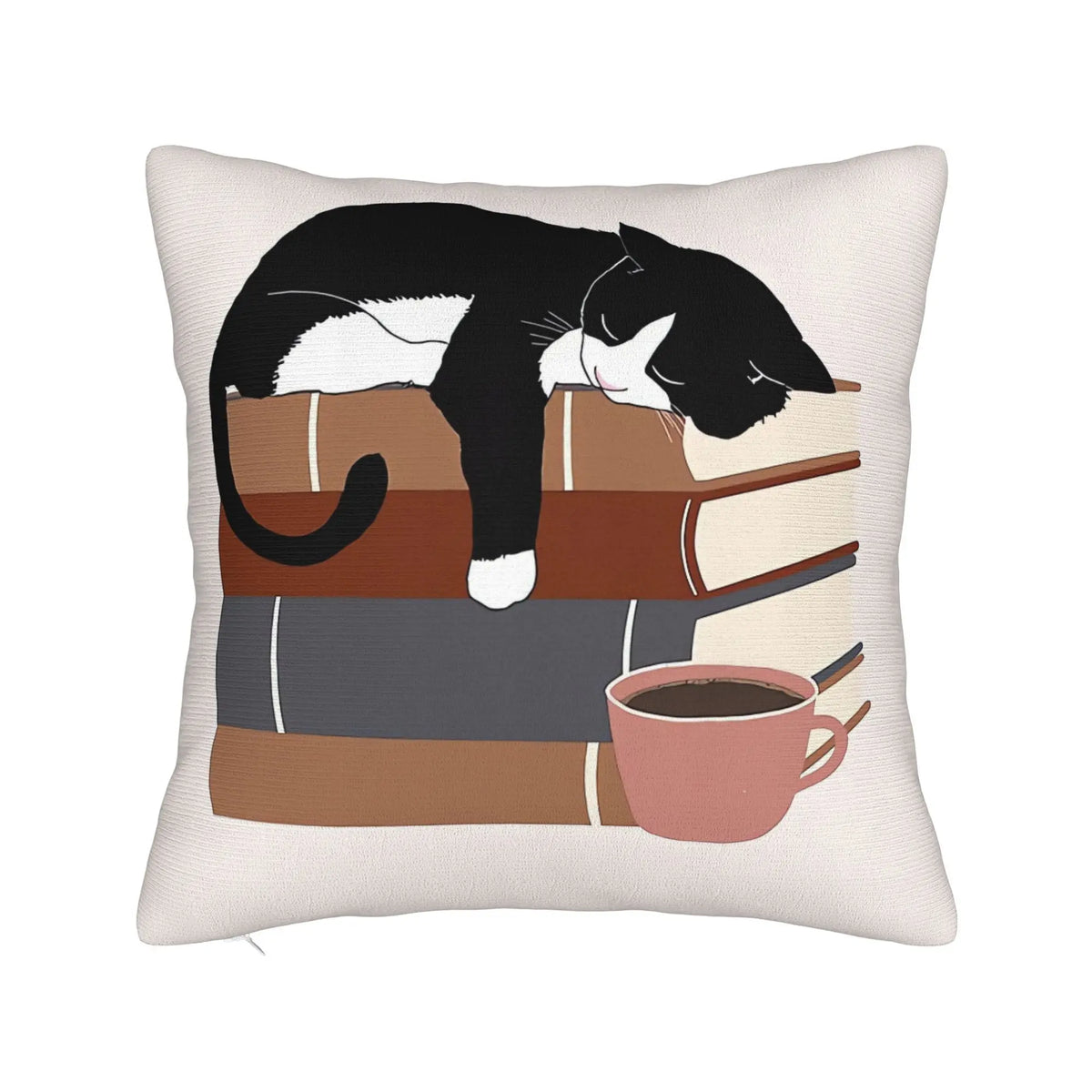 Cat Sleeping on Books Themed Pillow Cover.