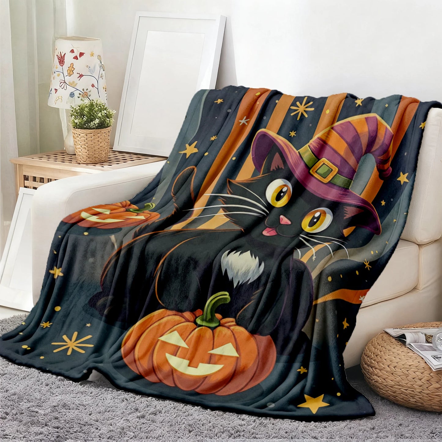 Whimsical Halloween Cat Flannel Blanket.
