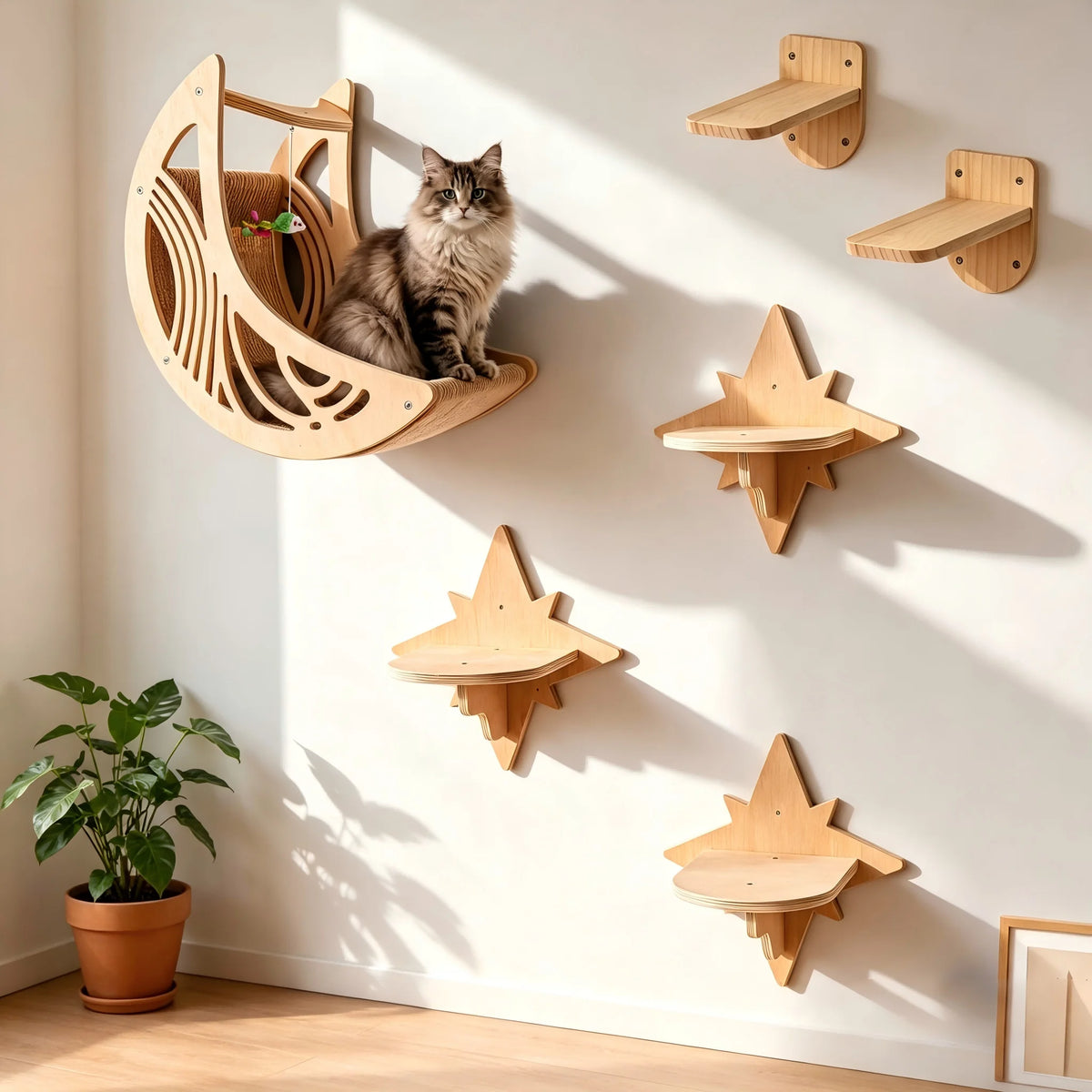 Wall Mounted Cat Shelves Set Moon Shape.