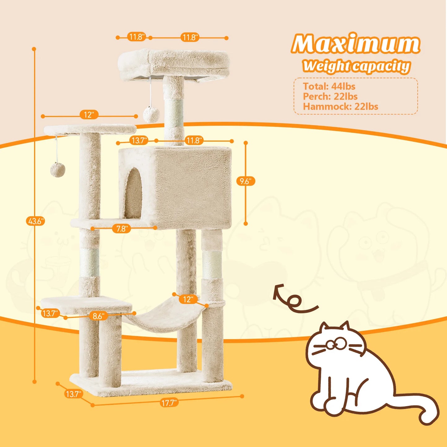 44IN Cat Tree Tower.        Pet Condo for Indoor Cats and Kittens Play