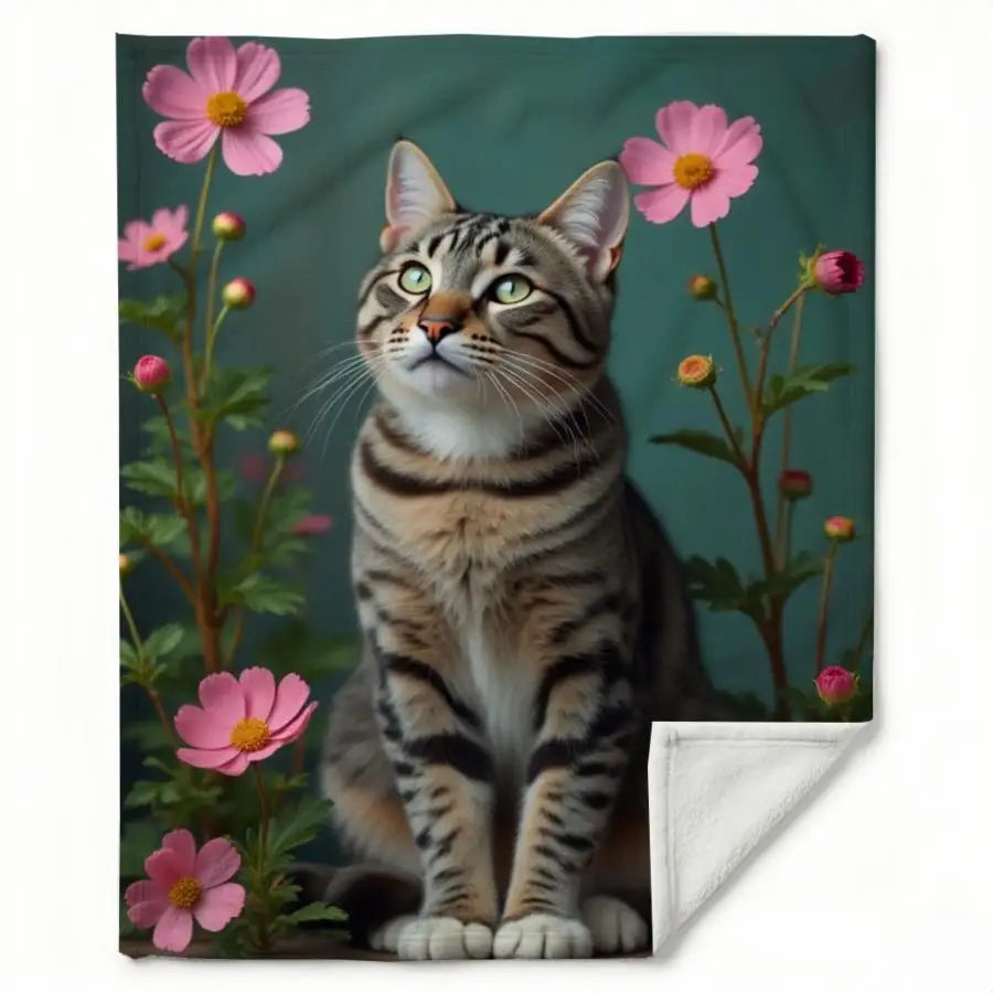 Cozy Gray Tabby Cat and Pink Cosmos Flannel Throw Blanket.
