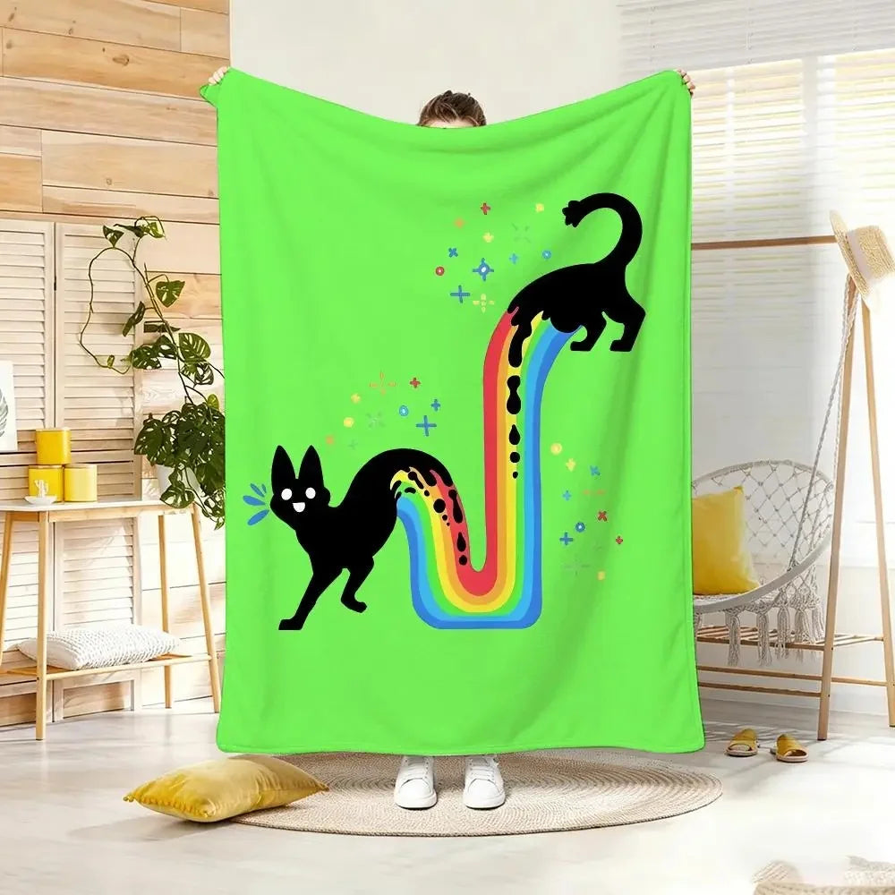 Humorous Funny Black Cat Rainbow Flannel Throw Blanket.