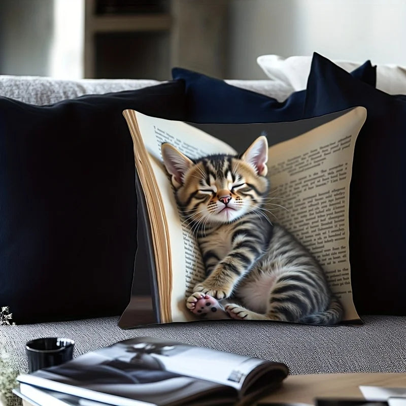 Adorable Sleeping Kitten & Book Design Throw Pillow Cover.