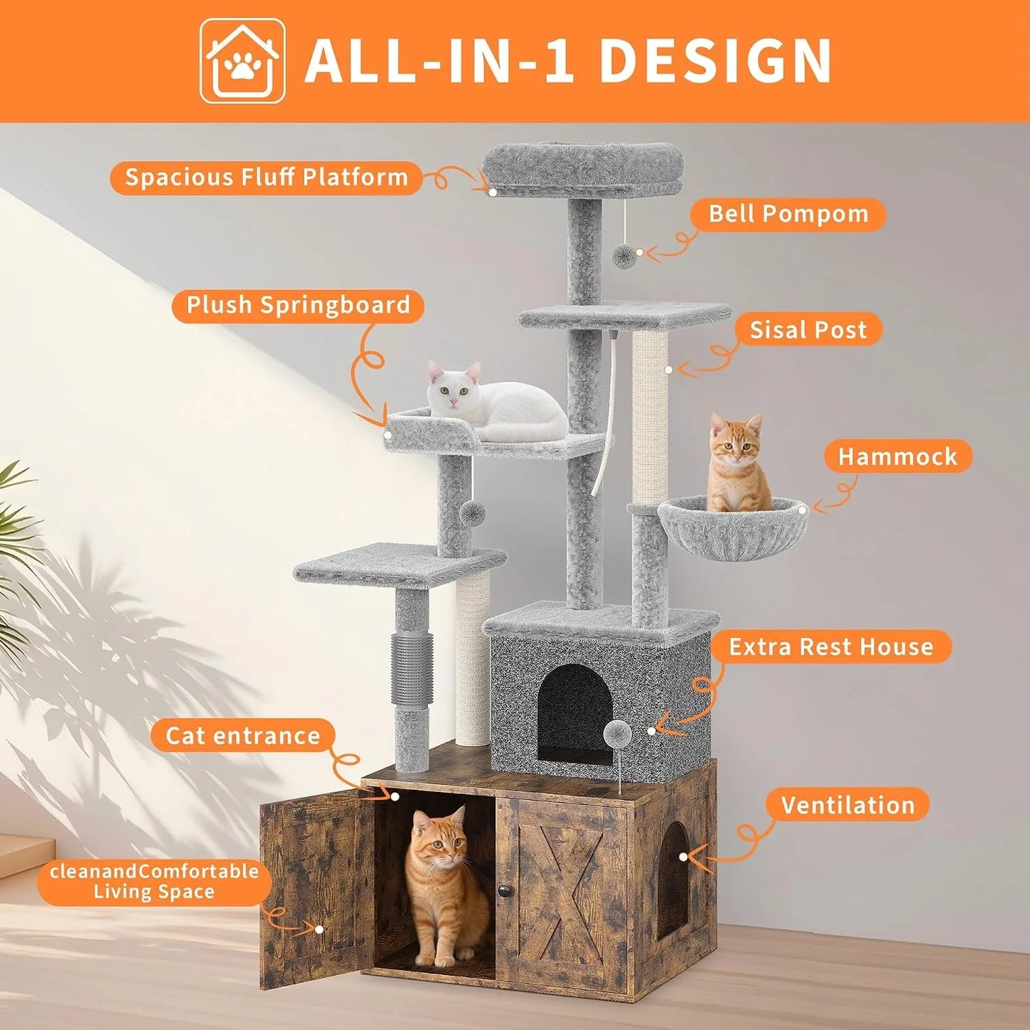 3-in-1 Modern Cat Tree with Hidden Litter Box Enclosure.