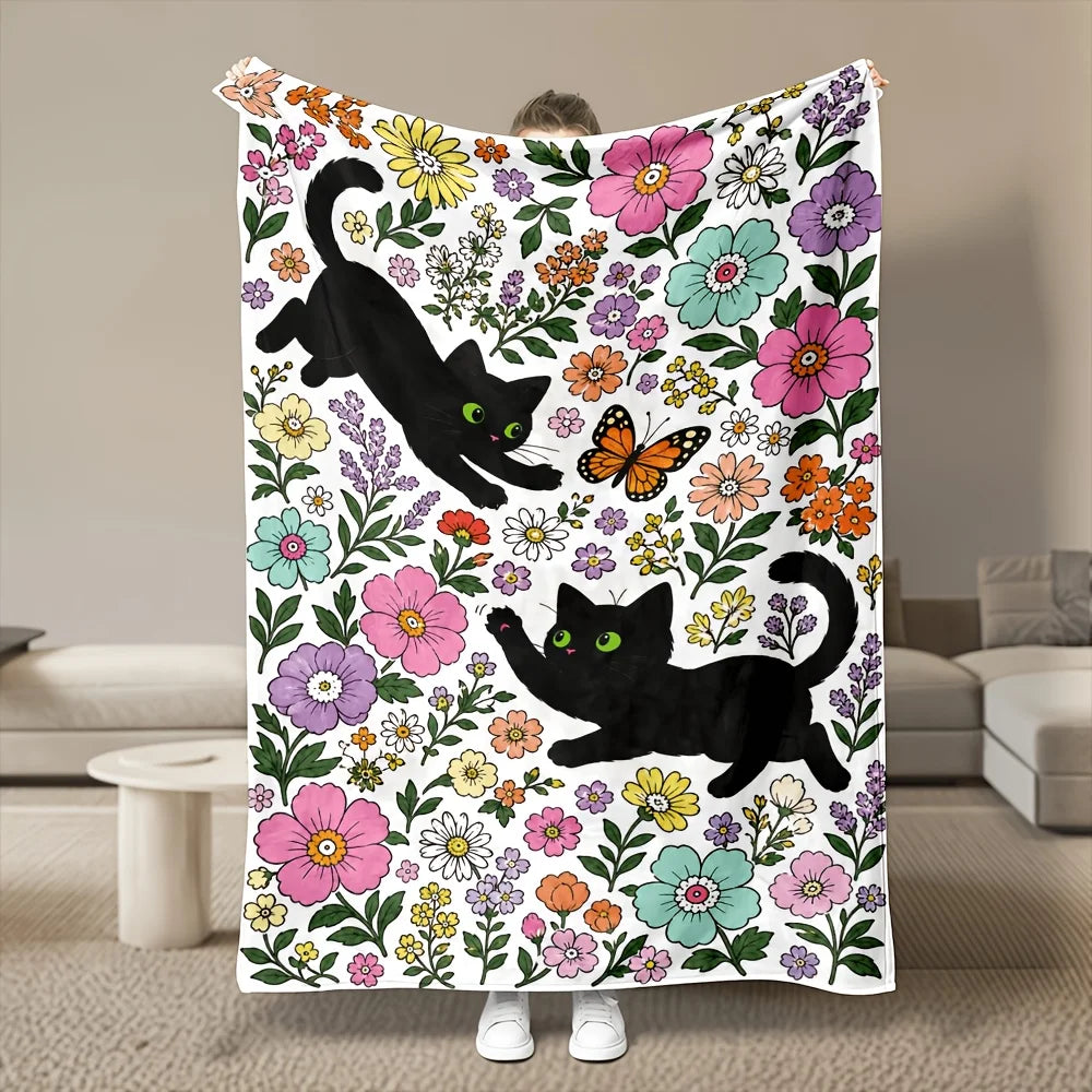 Green-Eyed Black Cat & Print Blanket.