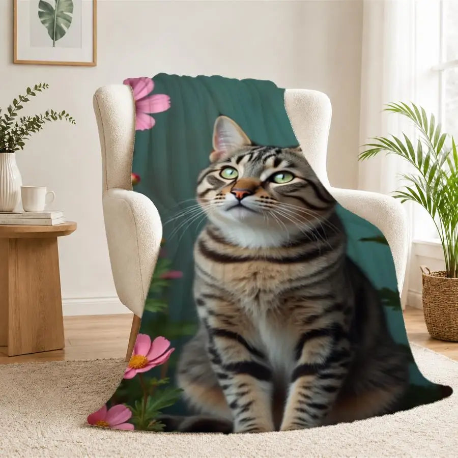 Cozy Gray Tabby Cat and Pink Cosmos Flannel Throw Blanket.