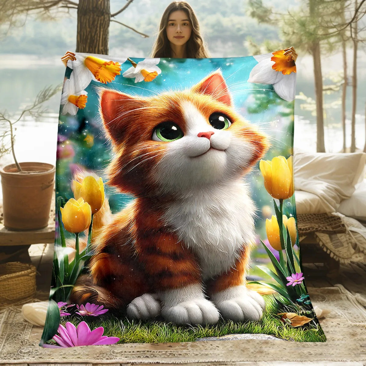 Tulip Field Cat Patterned Blanket.