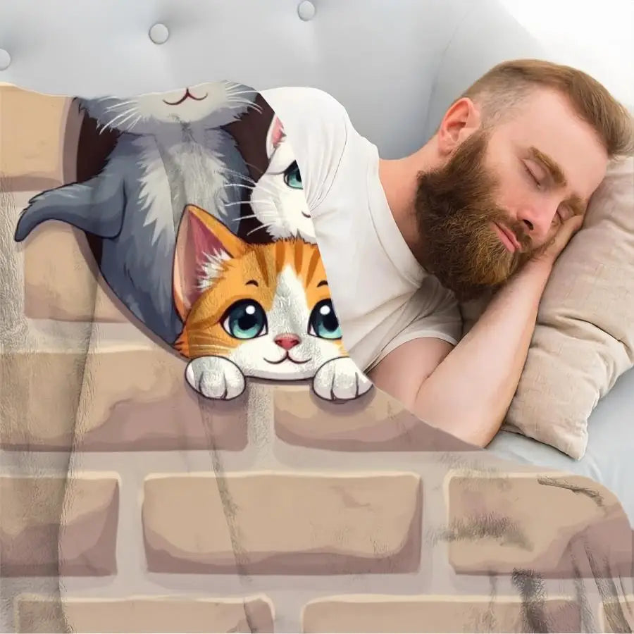 Adorable Kittens Peeking from Brick Wall Flannel Blanket.