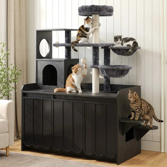Black Cat Tree with Litter Box Enclosure.