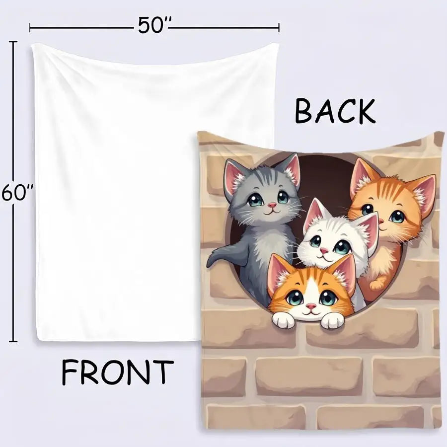 Adorable Kittens Peeking from Brick Wall Flannel Blanket.