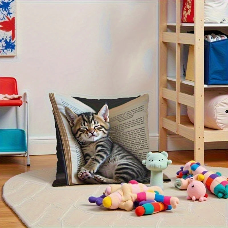 Adorable Sleeping Kitten & Book Design Throw Pillow Cover.