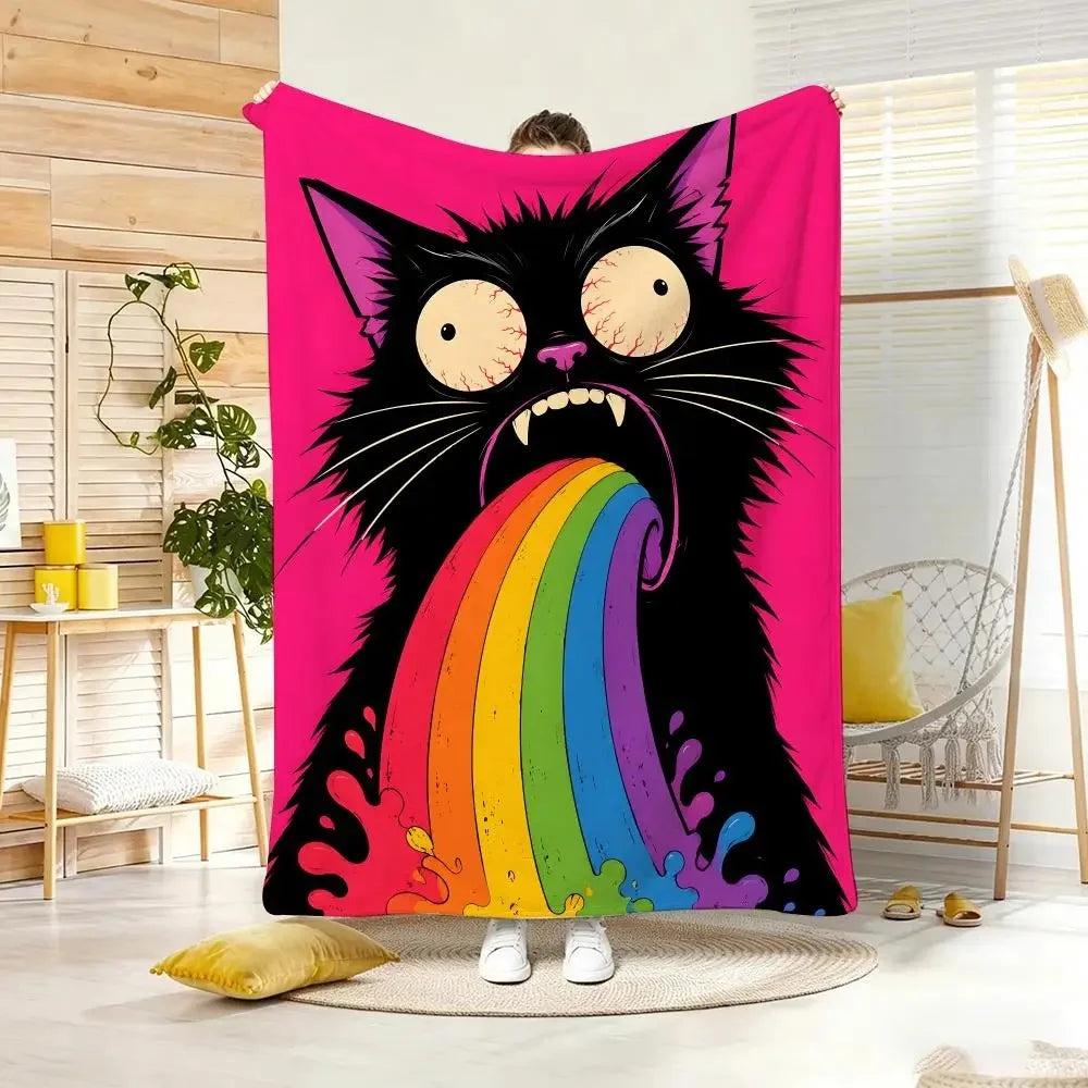 Humorous Funny Black Cat Rainbow Flannel Throw Blanket.