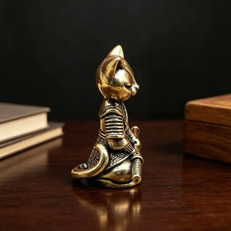 Brass Samurai Cat Statue Ornament.