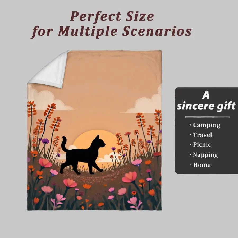 Sunset Wildflower and Black Cat Silhouette Flannel Blanket.