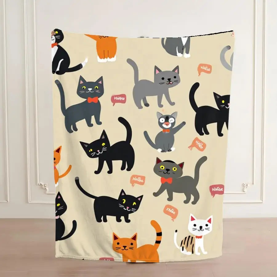 Adorable Cartoon Cat Pattern Flannel Blanket.