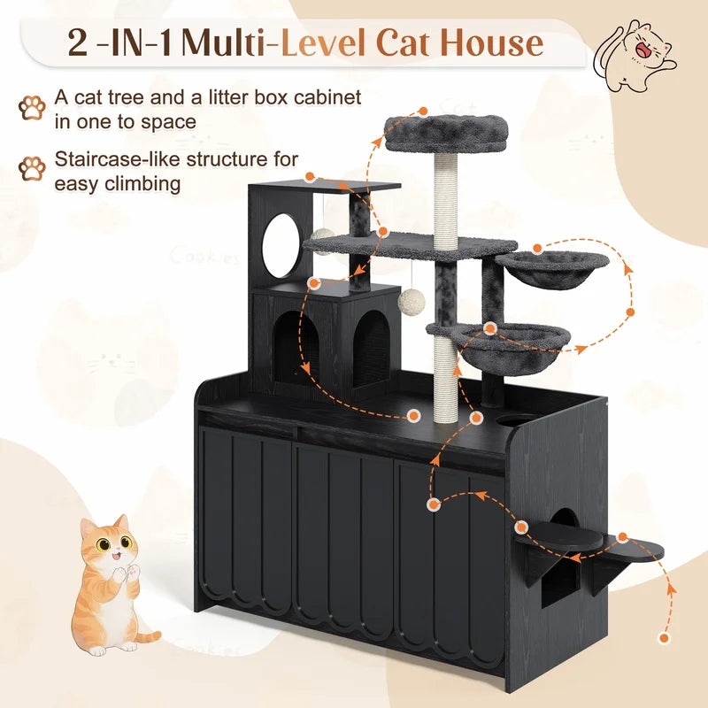 Black Cat Tree with Litter Box Enclosure.