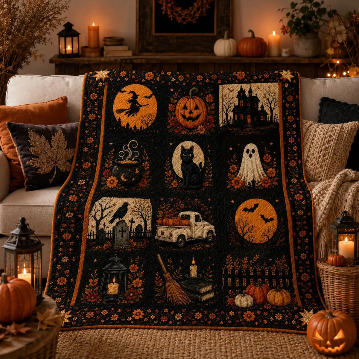 Spooky Halloween Faux Patchwork Quilt Blanket.