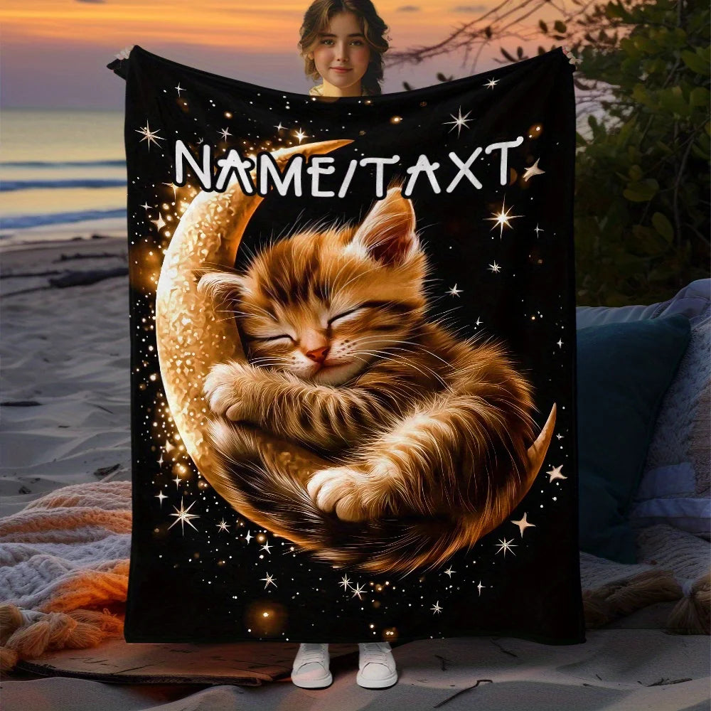 Customized Name Moon Cat Blanket.