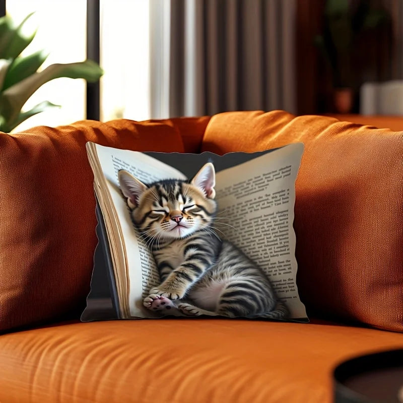 Adorable Sleeping Kitten & Book Design Throw Pillow Cover.