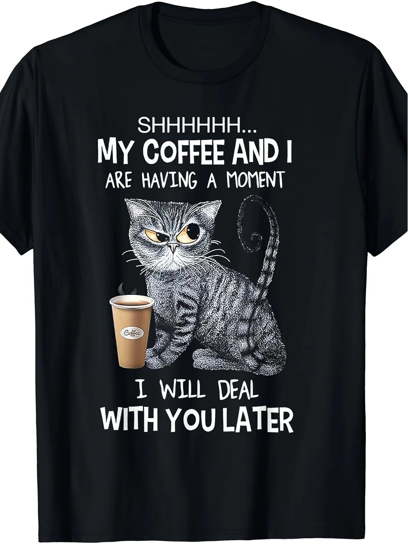 Funny Coffee Cat Print T-Shirt.
