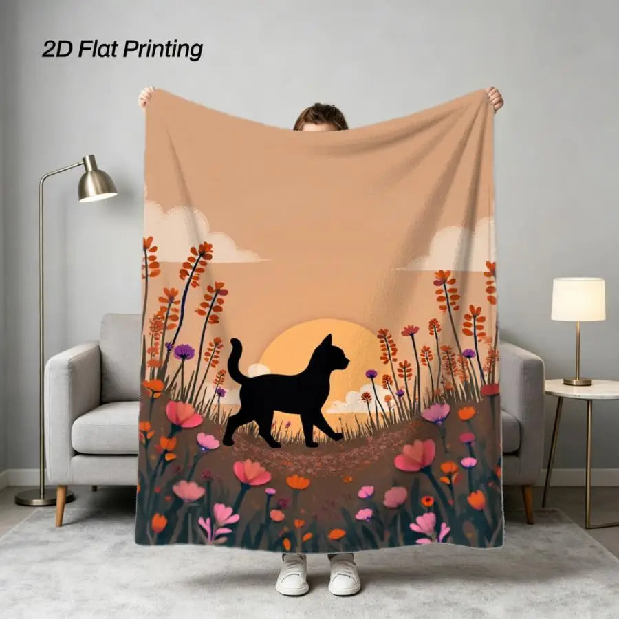 Sunset Wildflower and Black Cat Silhouette Flannel Blanket.