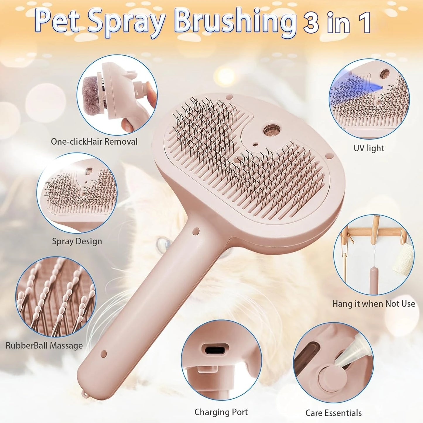 Pet Hair Cleaning Misting Comb Cat Brushes for Indoor Cats.