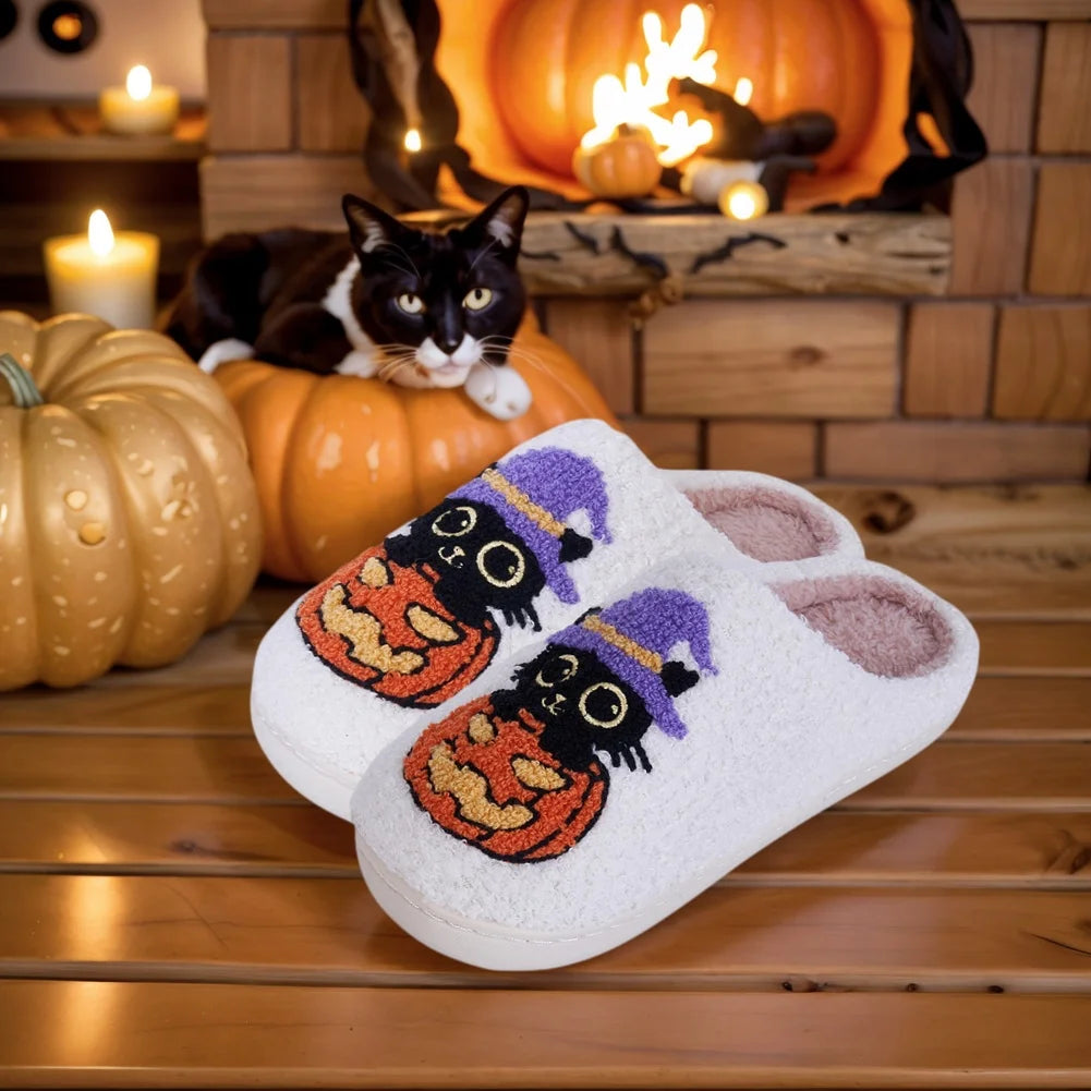 Black Cat Pumpkin Halloween Slippers.