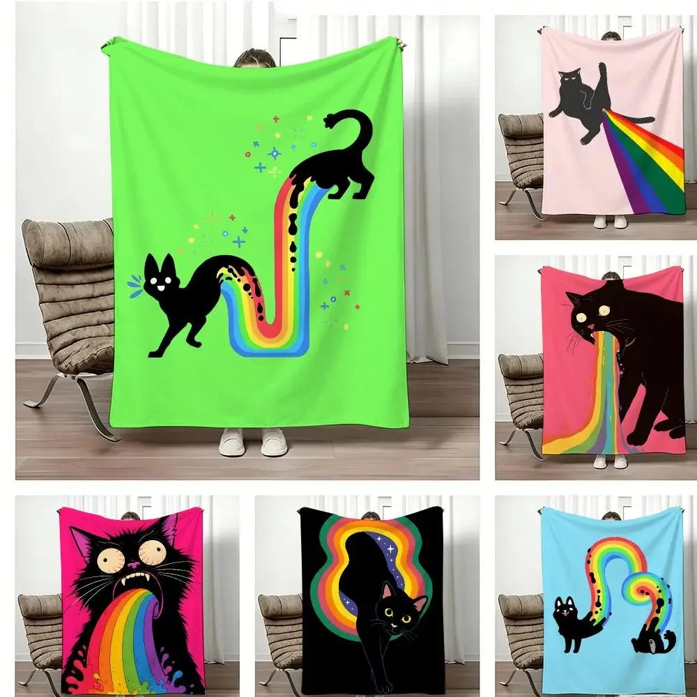 Humorous Funny Black Cat Rainbow Flannel Throw Blanket.