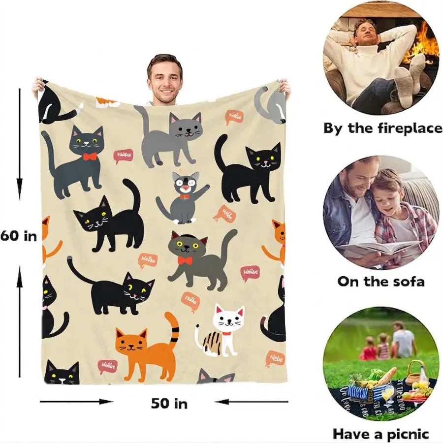 Adorable Cartoon Cat Pattern Flannel Blanket.