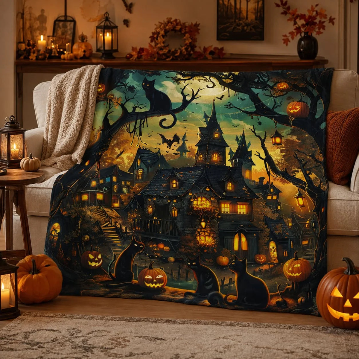 Pumpkin Cat Halloween Blanket.