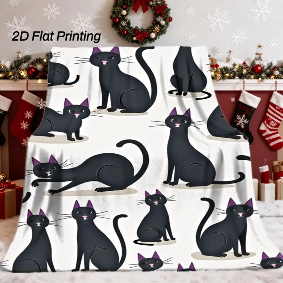 2D Flat Whimsical Black Cat Printed Flannel Blanket.