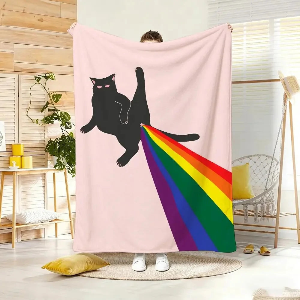 Humorous Funny Black Cat Rainbow Flannel Throw Blanket.