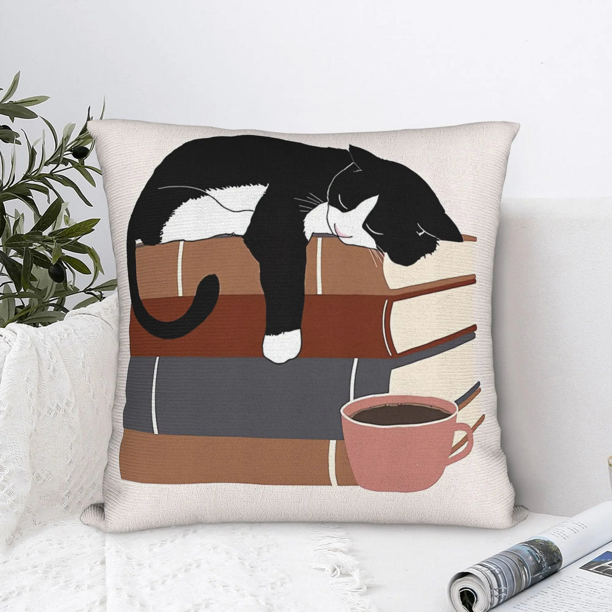 Cat Sleeping on Books Themed Pillow Cover.