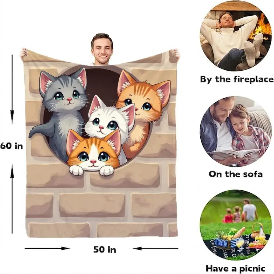 Adorable Kittens Peeking from Brick Wall Flannel Blanket.