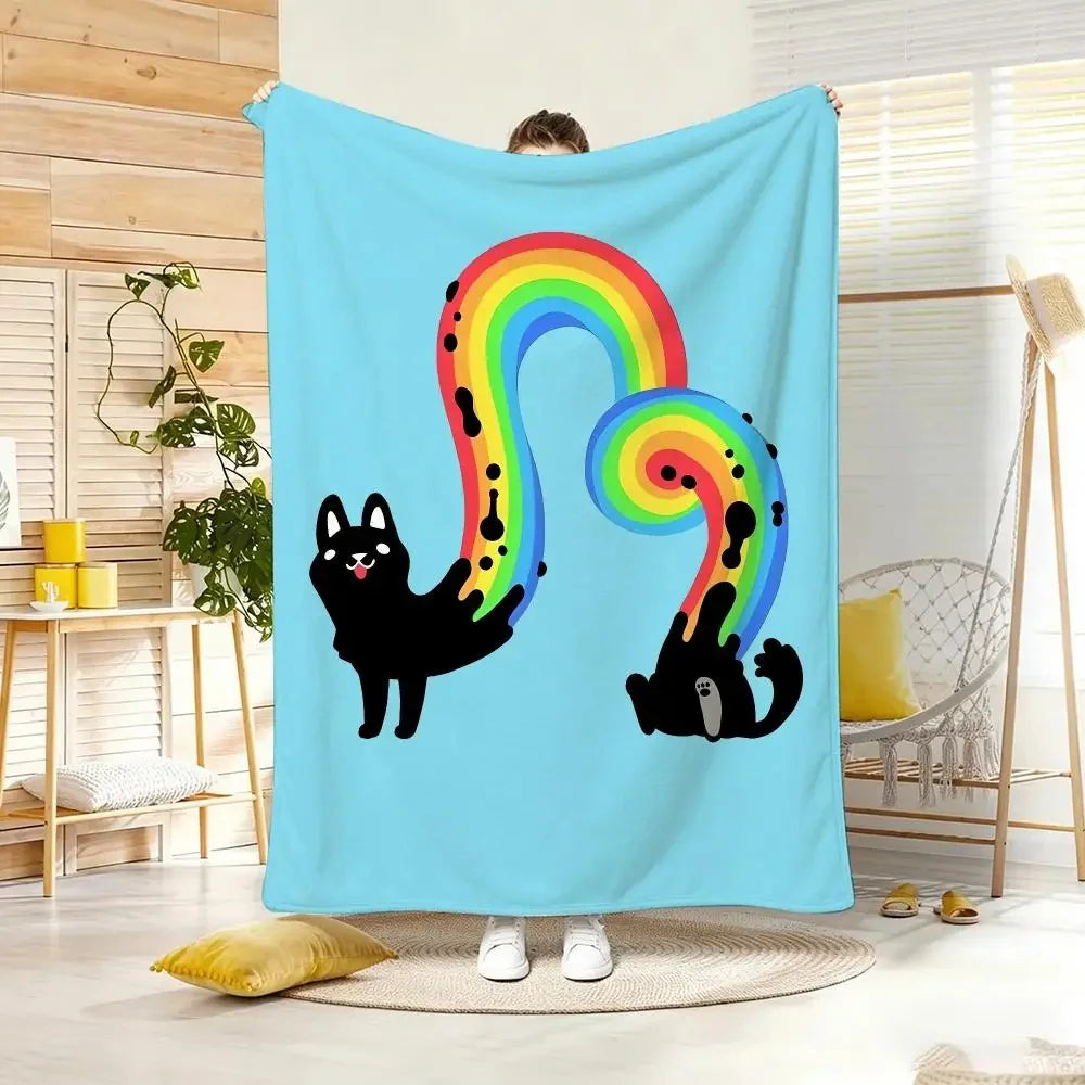 Humorous Funny Black Cat Rainbow Flannel Throw Blanket.
