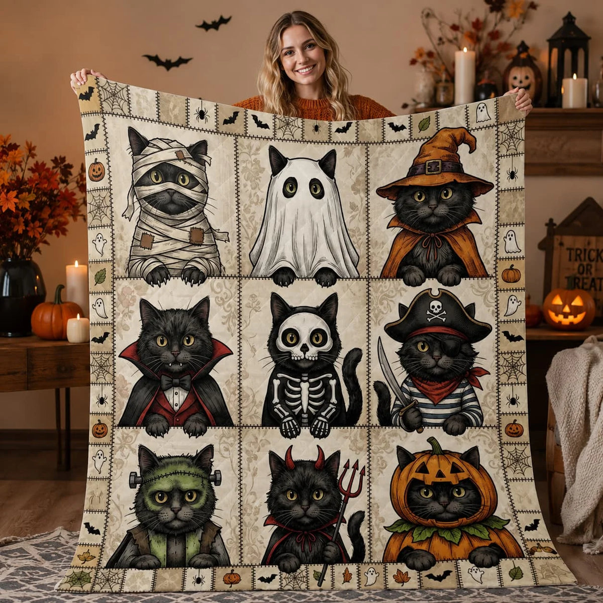 Black Cat Halloween Costume Quilt Blanket.