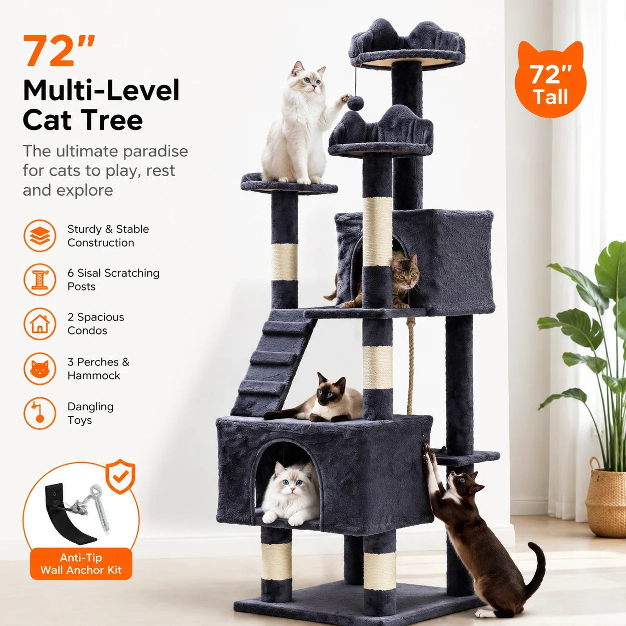 72" Cat Tree for Large Cats.