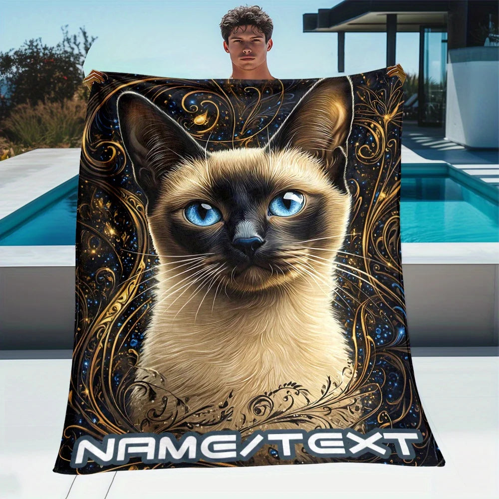Exquisite Siamese Cat Customized Name Portable Blanket.