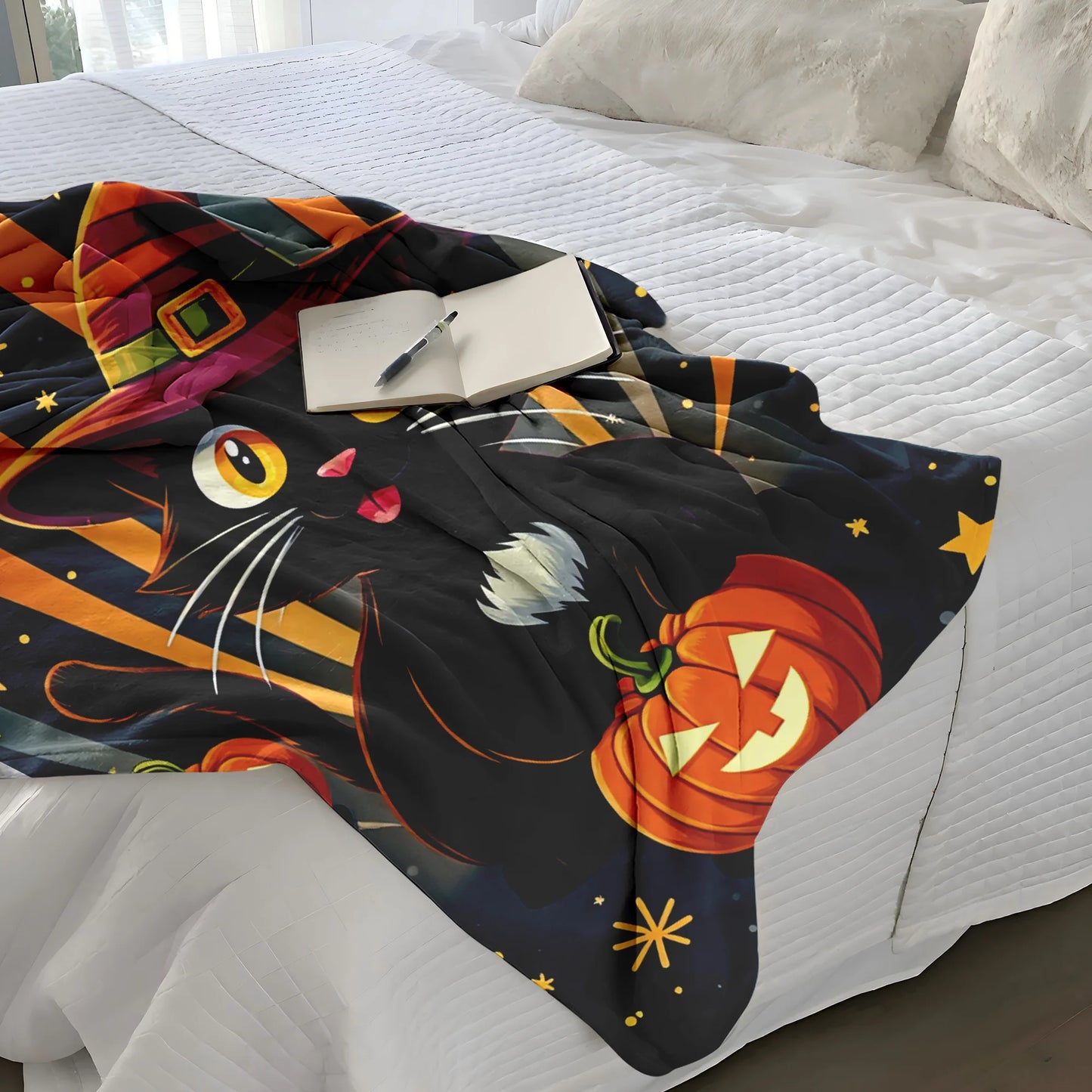 Whimsical Halloween Cat Flannel Blanket.