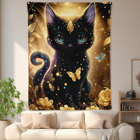 Golden Cat Metal Flower Design Yellow Background.