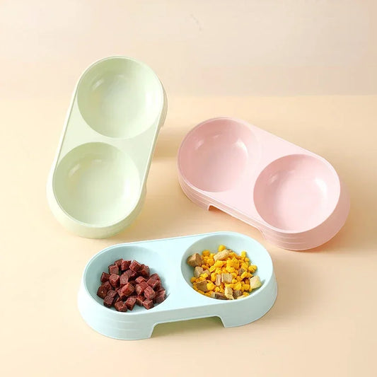 Macaron Pet Double Bowl Plastic Food Drinking Tray.