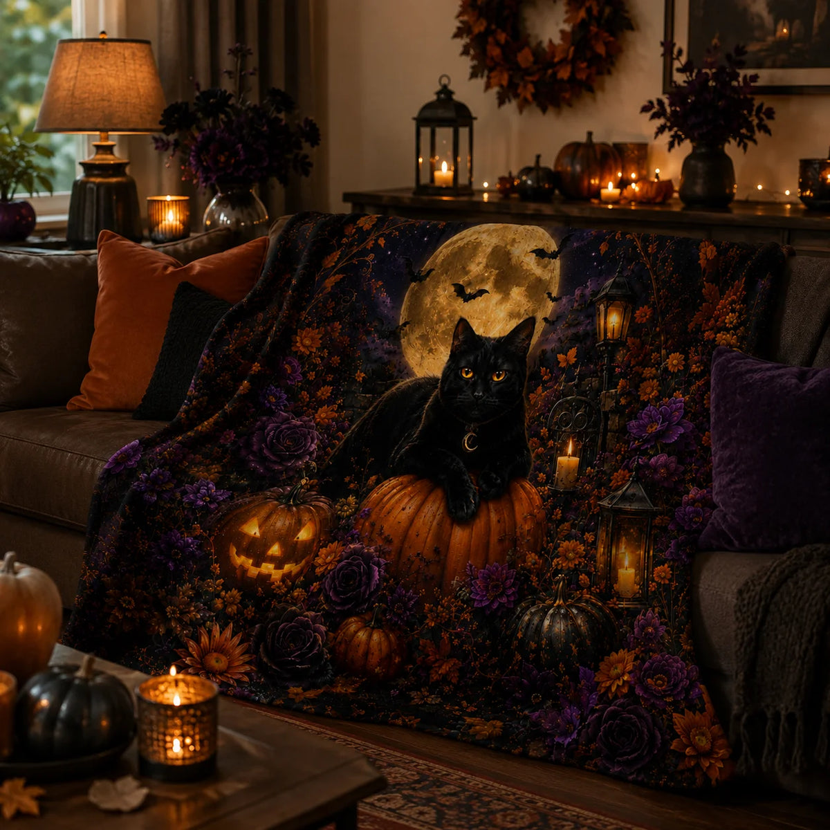 Black Cat Halloween Flannel Fleece Throw Blanket.