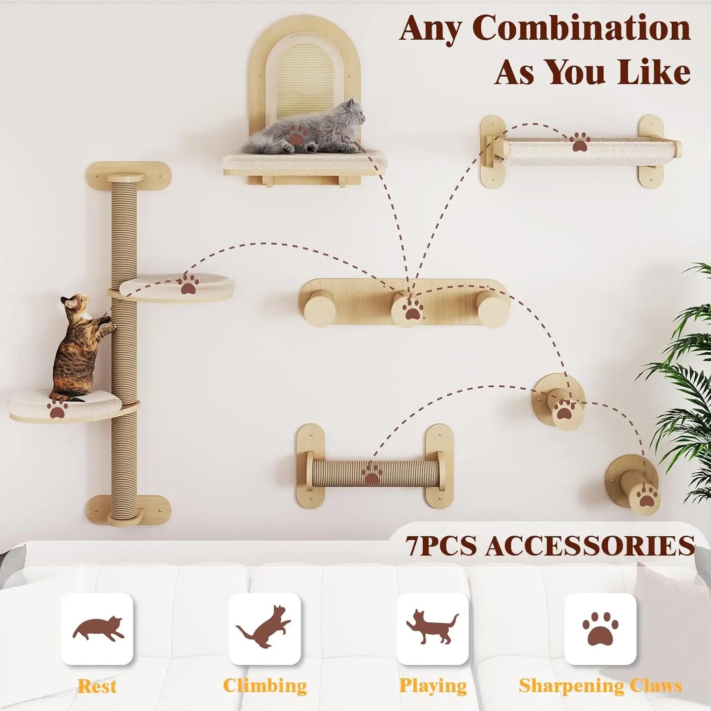 7 Pcs Wall-Mounted Cat Shelves.