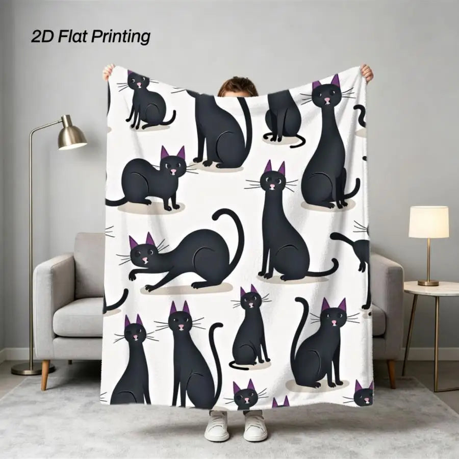 2D Flat Whimsical Black Cat Printed Flannel Blanket.